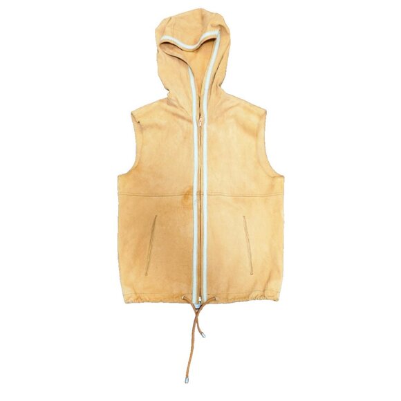 YOGO by Goes Goat Suede Hooded Vest Tan Leather Sleeveless Jacket Size 40 - Picture 2 of 12
